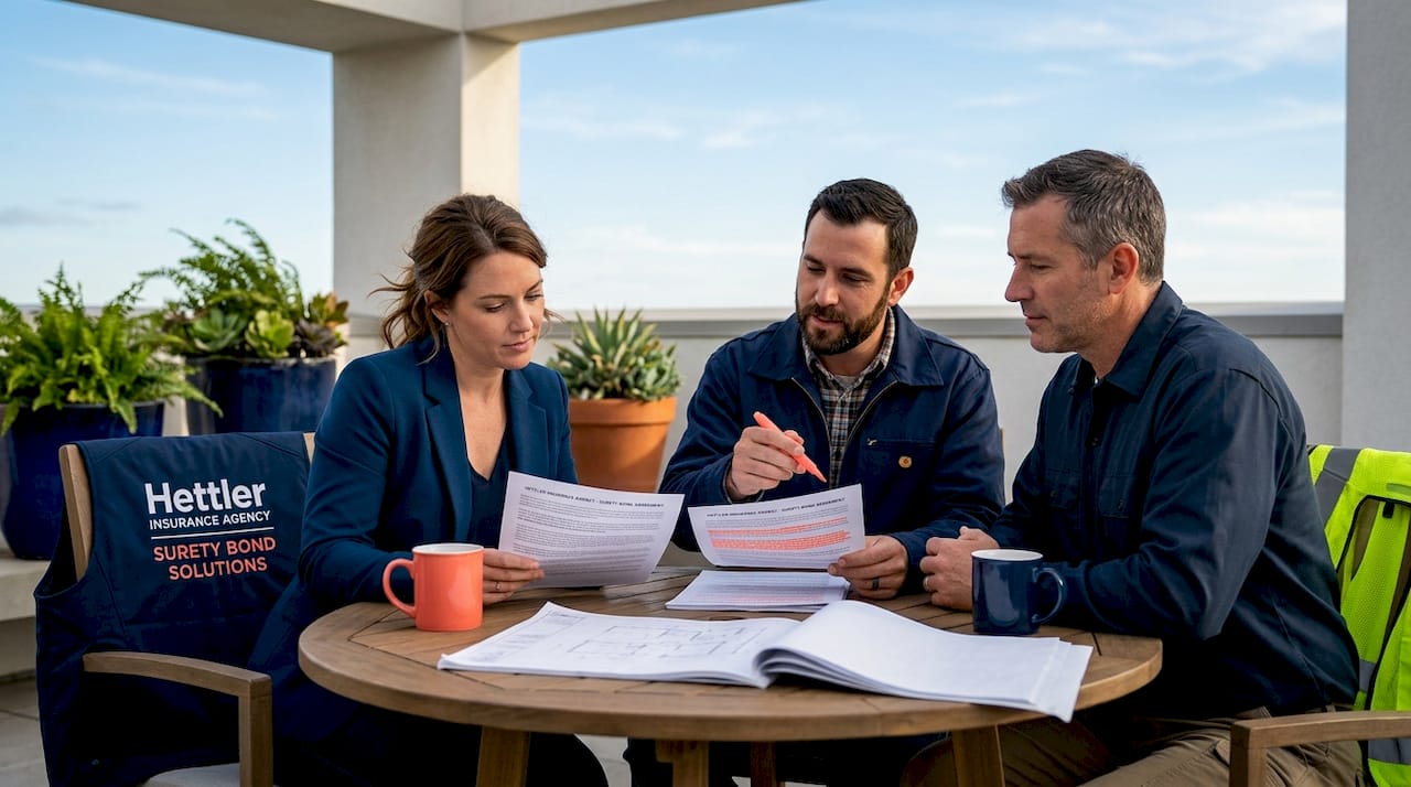 Contractor team discussing surety bond paperwork