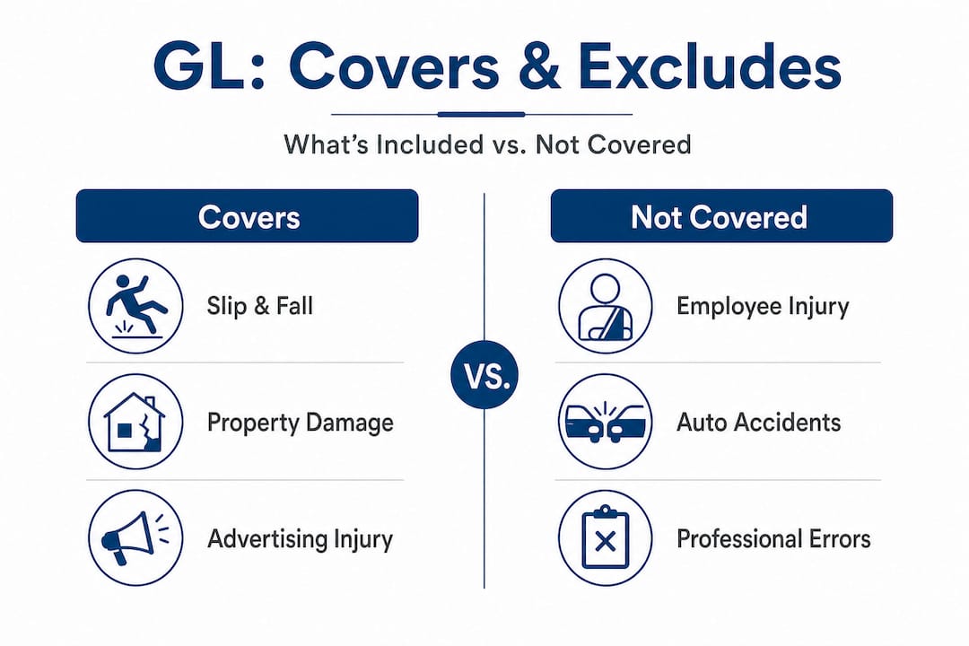 Infographic comparing covered and not covered items under general liability insurance