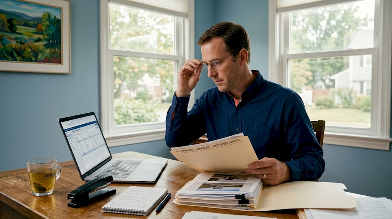 Claims adjuster checks insurance proof paperwork