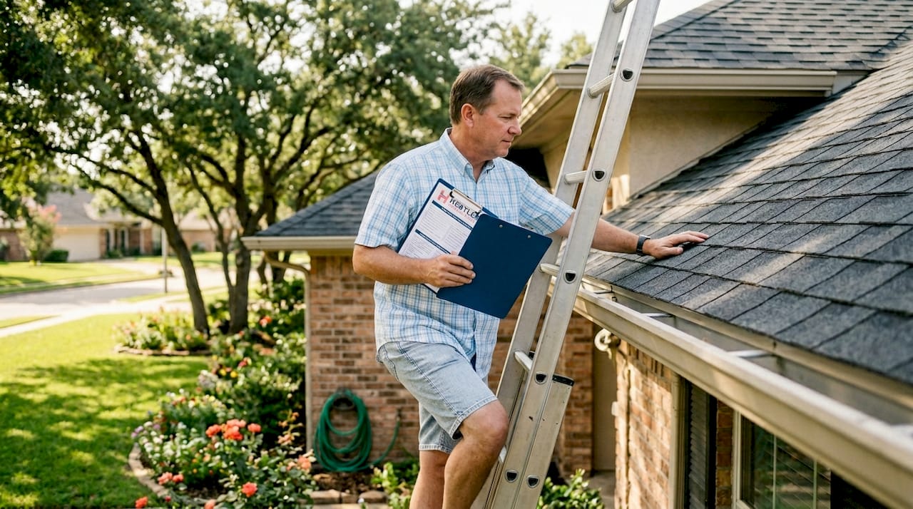 Homeowner climbing ladder to inspect new roof