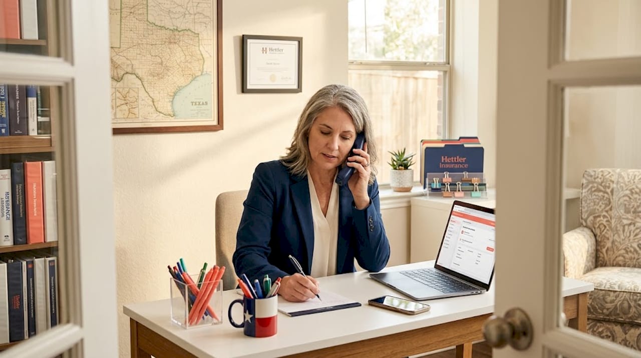 Insurance agent consults by phone in home office