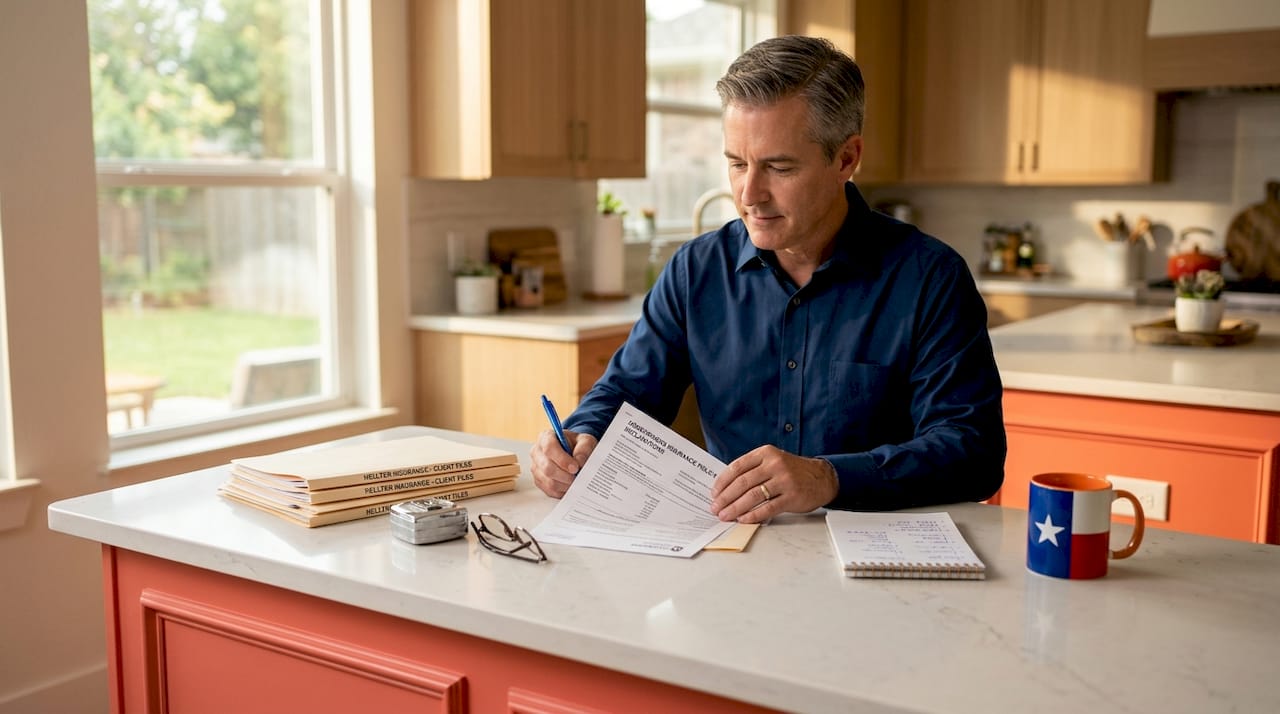 Man updates insurance forms at kitchen table