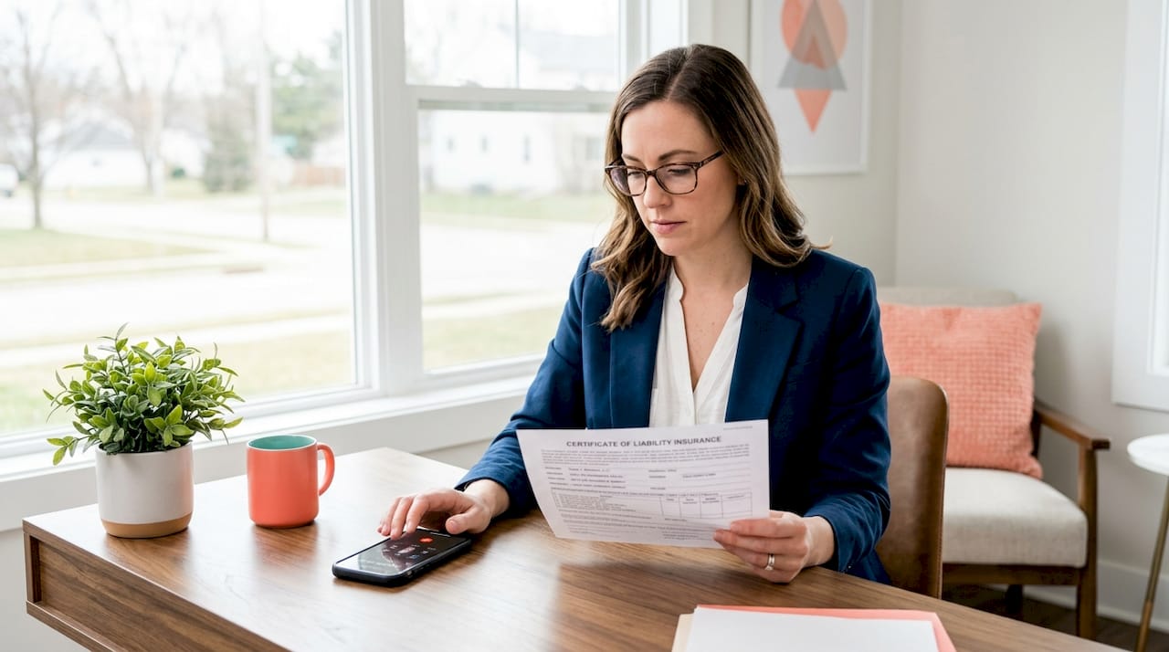 Woman verifying insurance certificate by phone