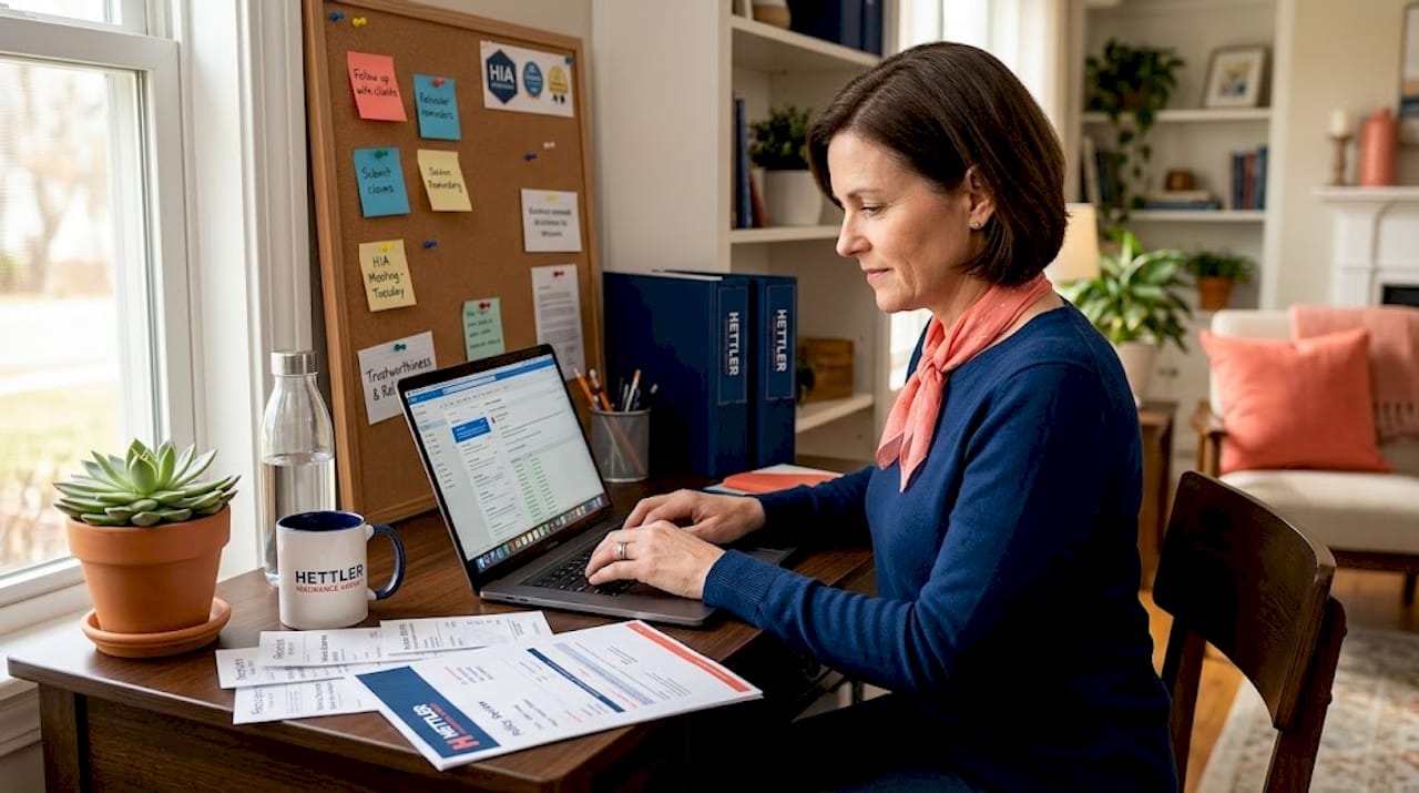 Woman in home office sorting insurance paperwork