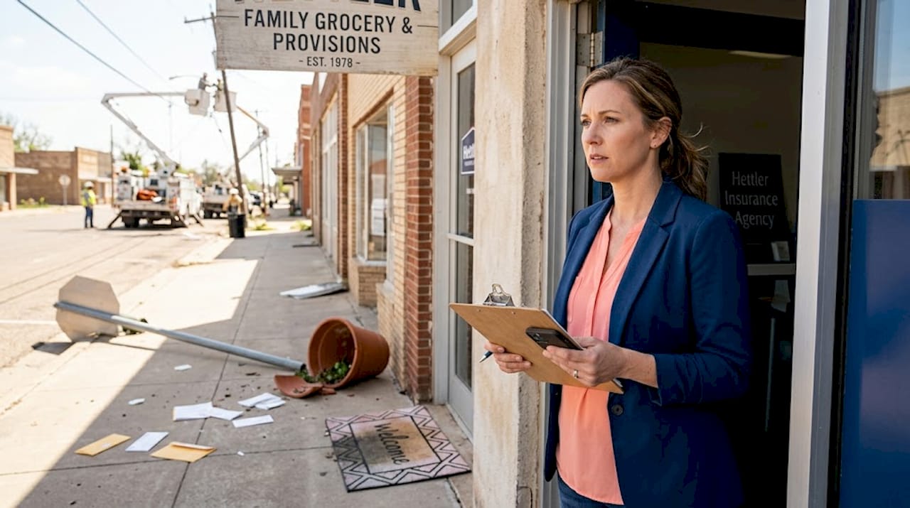 Business owner surveys tornado wind damage