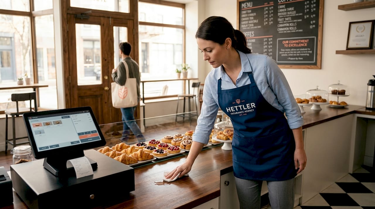 Manager cleaning bakery floor for safety