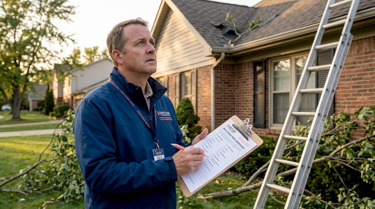 Homeowner inspecting roof damage after storm