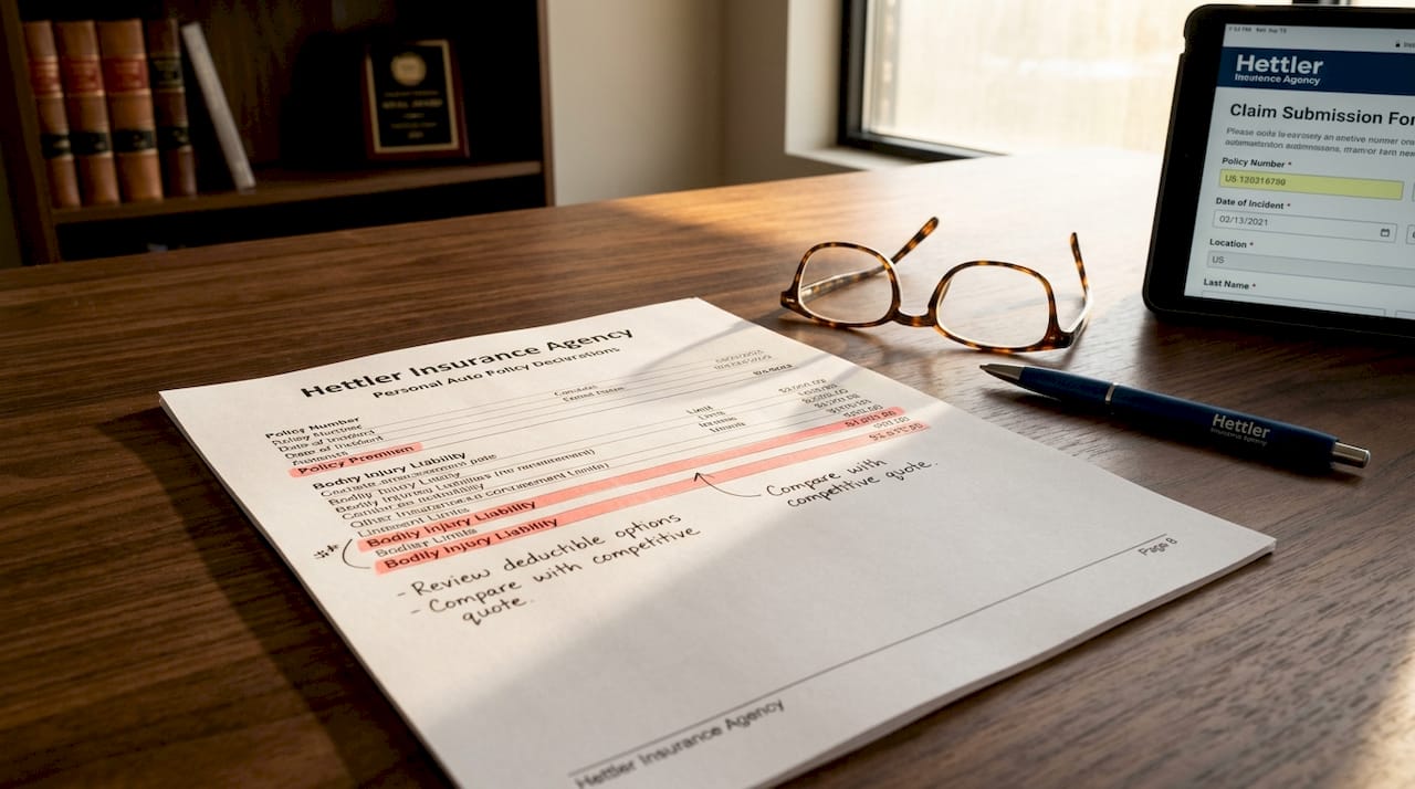 Close-up of insurance declarations page with notes