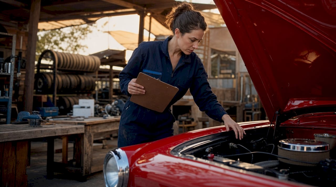 Mechanic inspecting restored classic car in garage