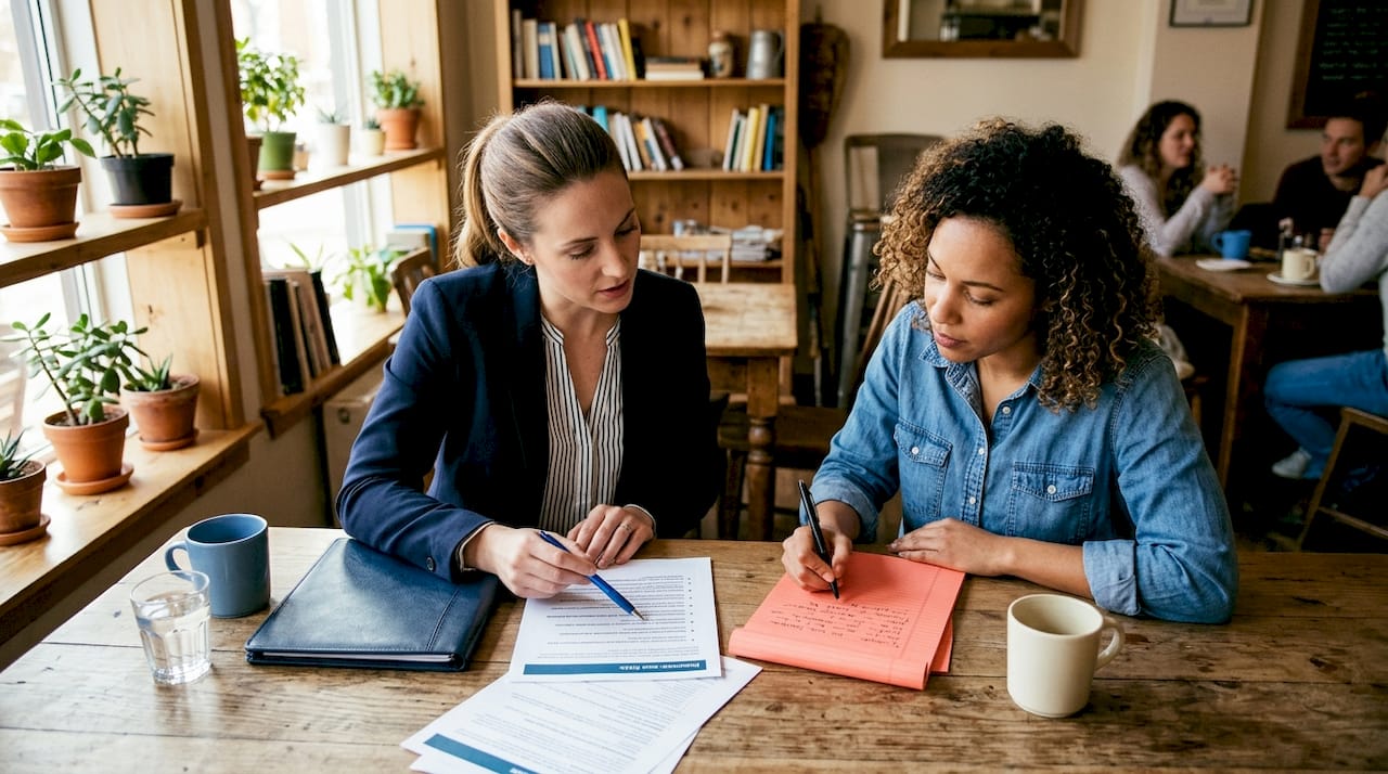 Insurance agent assessing business risks with client