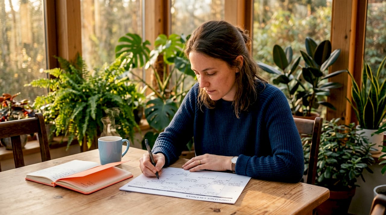 Overhead view of business owner reviewing compliance calendar