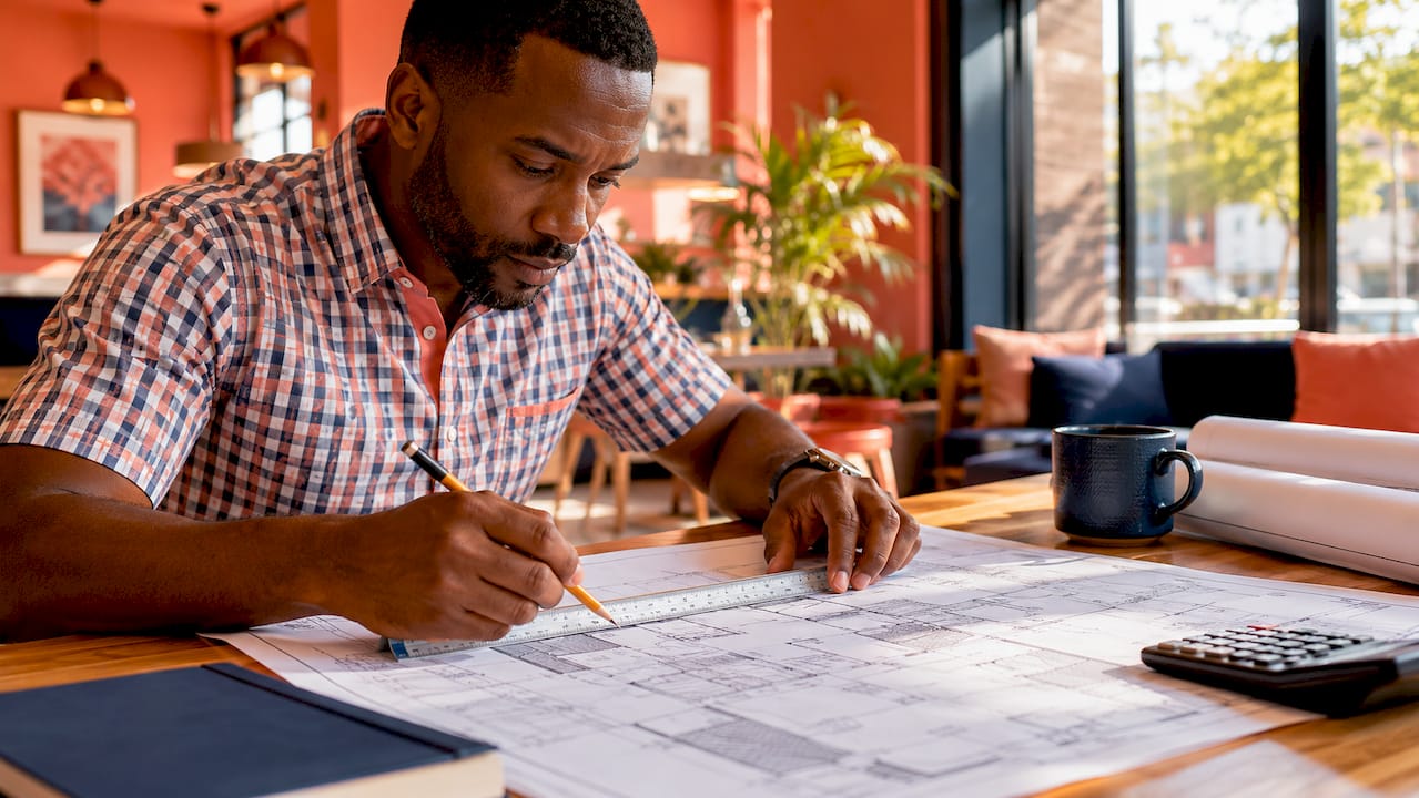 Hands measuring house blueprint for coverage estimation