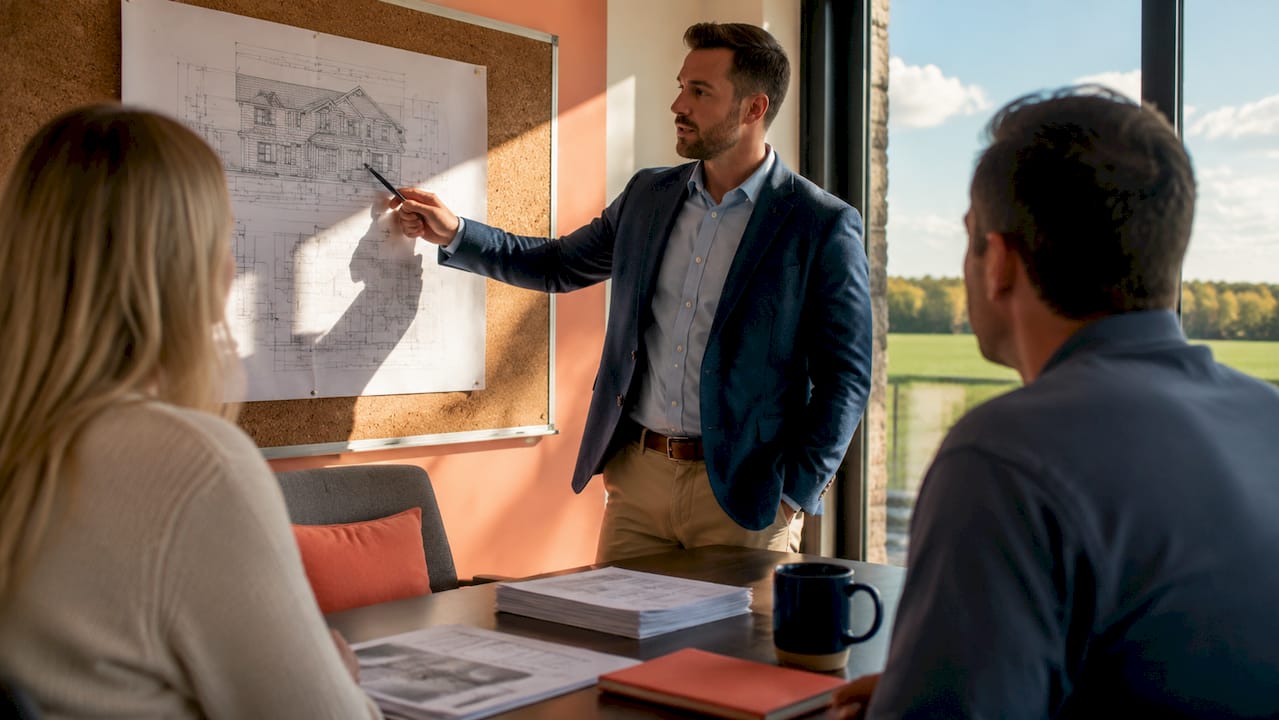 Insurance agent explaining home rebuilding costs in office