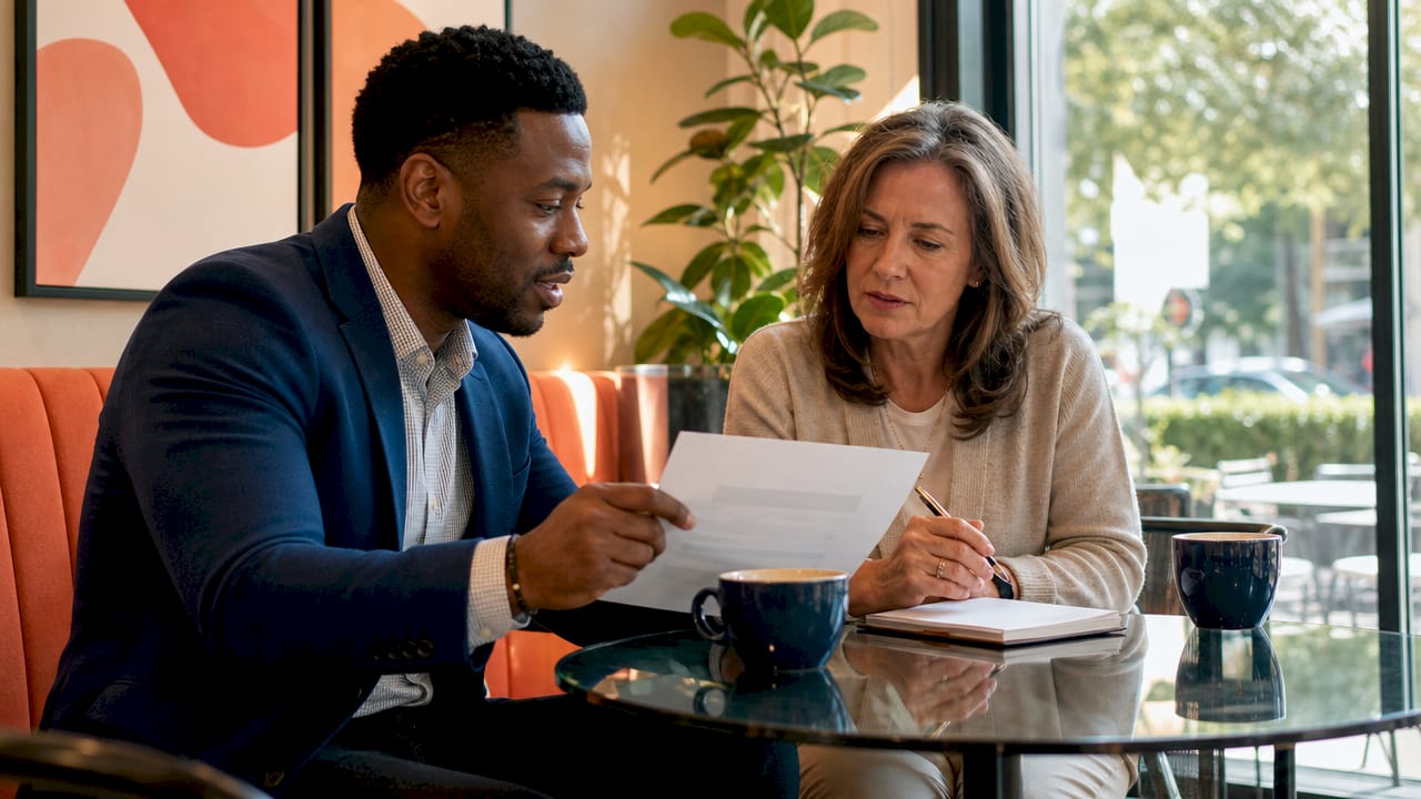Insurance agent and client discussing policies