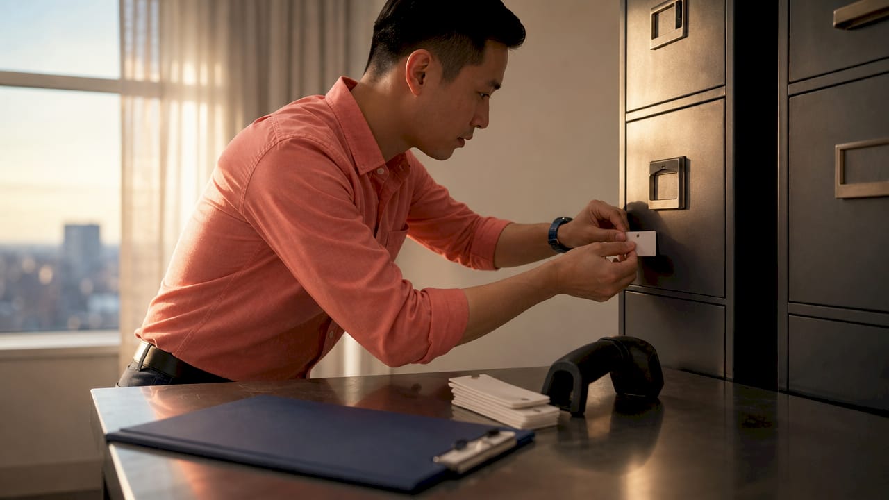 Hands tagging tangible business property items