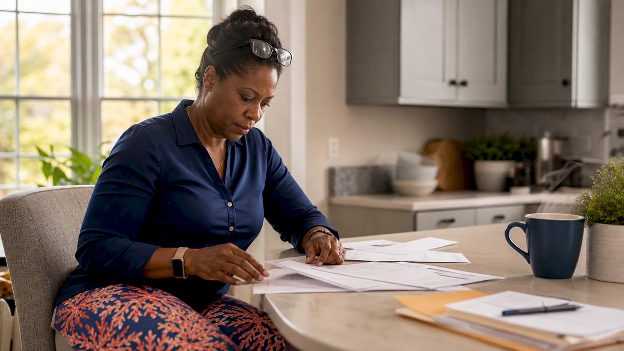 Woman sorting insurance documents at home desk