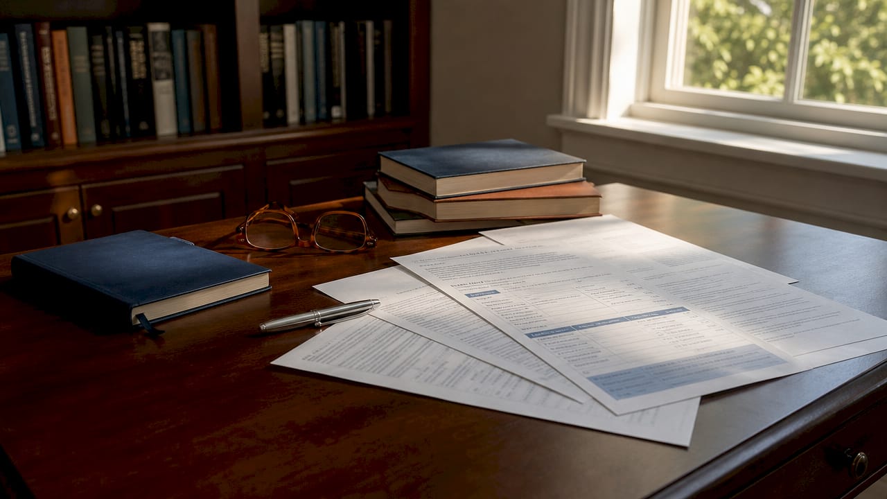 Overhead view of homeowner insurance documents on desk