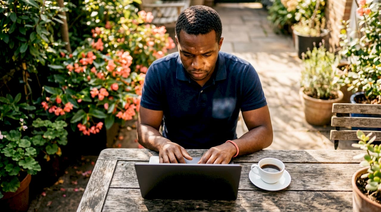 Man working on laptop at café table
