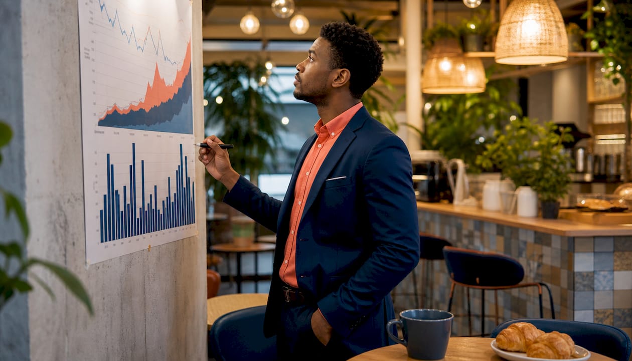 Insurance analyst reviewing market data on whiteboard
