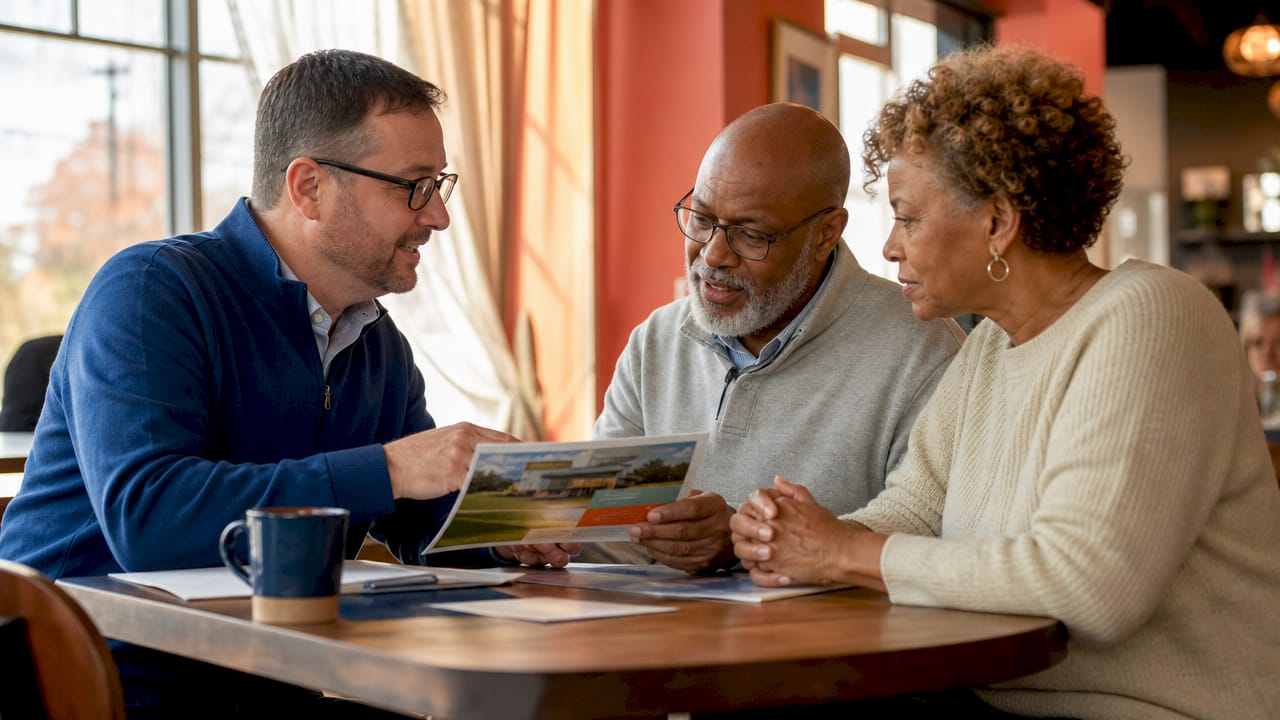 Insurance agent advising couple on coverage details