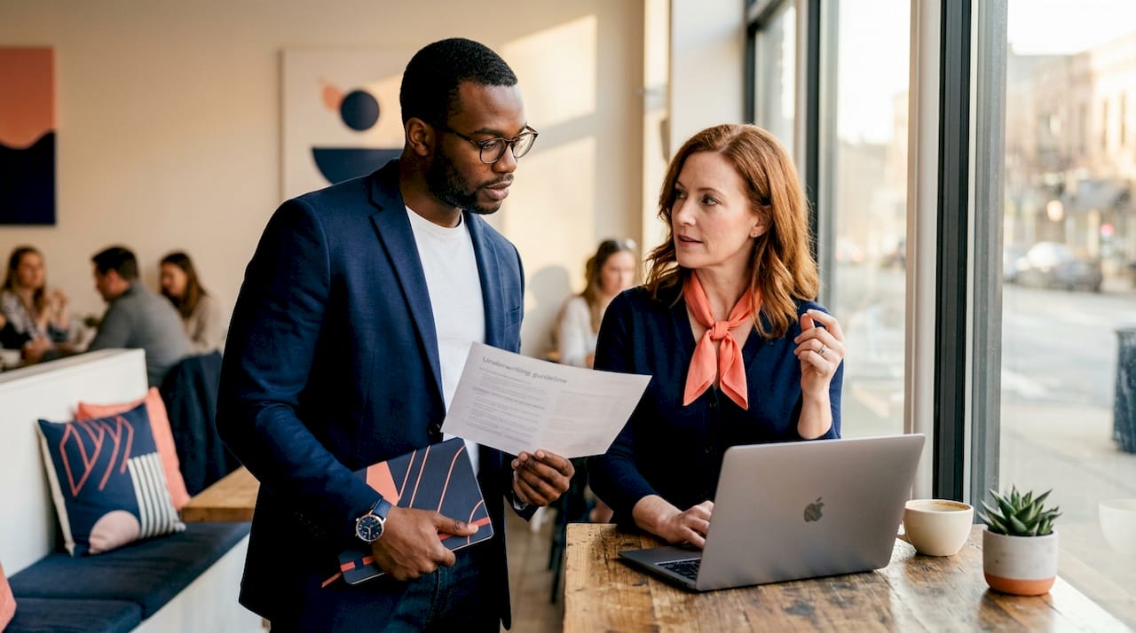 Two insurance agents discussing underwriting guidelines