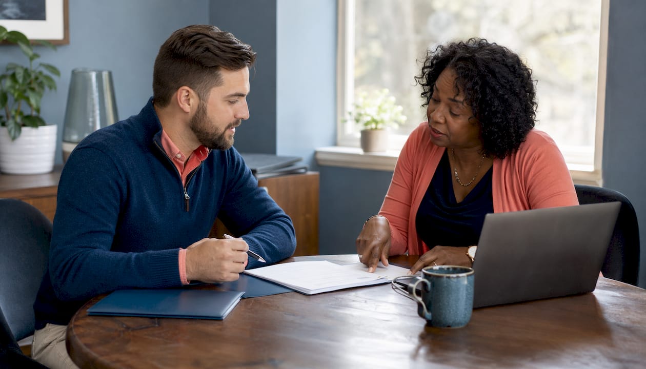 Insurance agents discussing policies in office