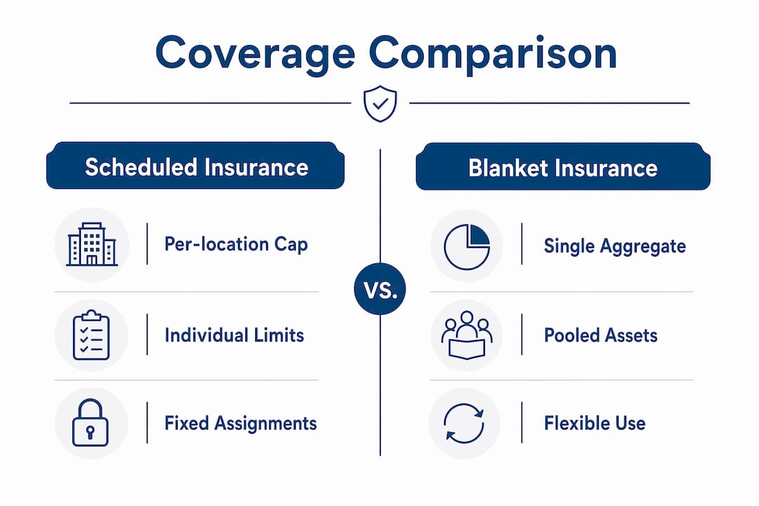 Infographic comparing scheduled and blanket insurance coverage