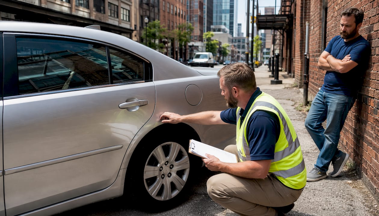 Insurance adjuster examining car damage outdoors