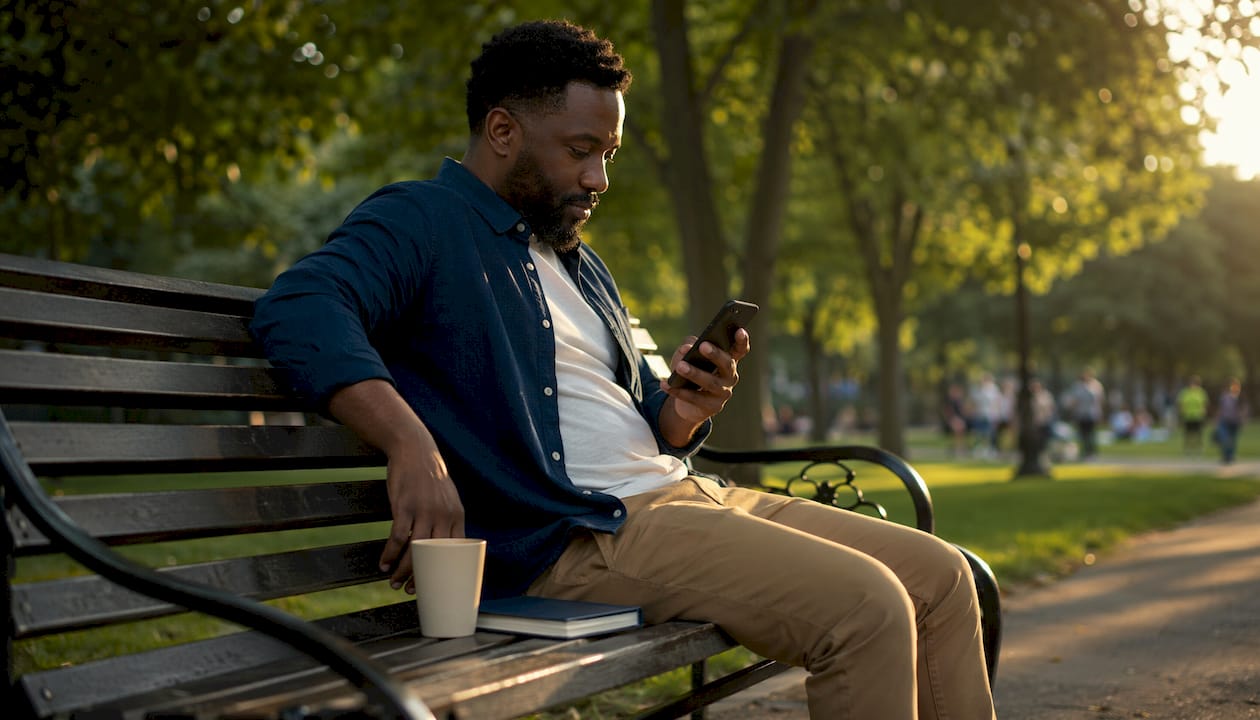 Man using insurer mobile app outside a café Man using insurer mobile app outside a café