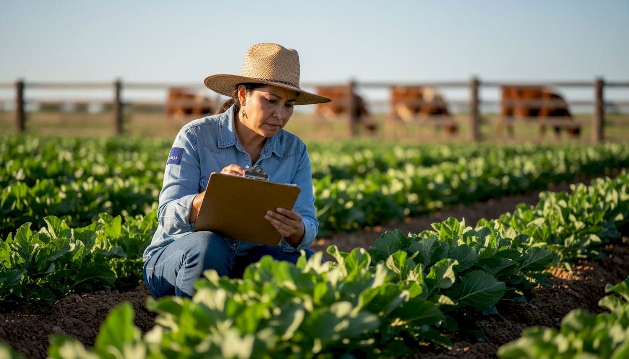 Agribusinesswoman inspecting farm crops outdoors