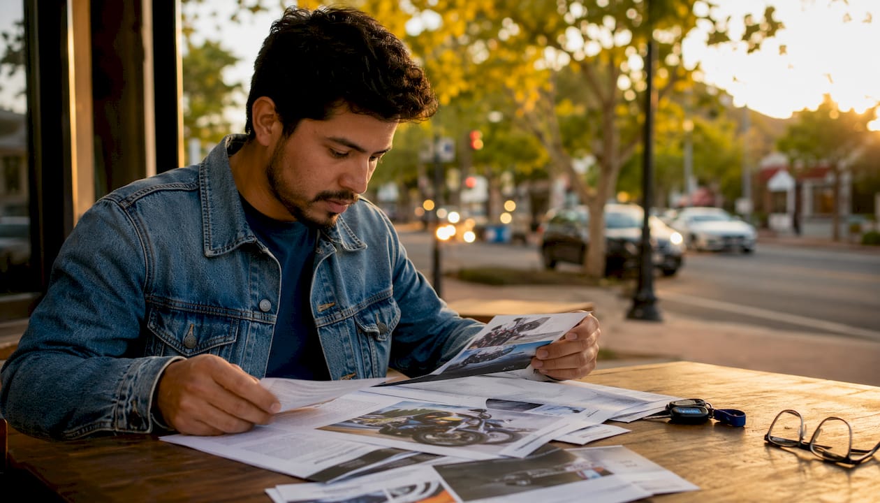 Hands reviewing insurance brochures and keys