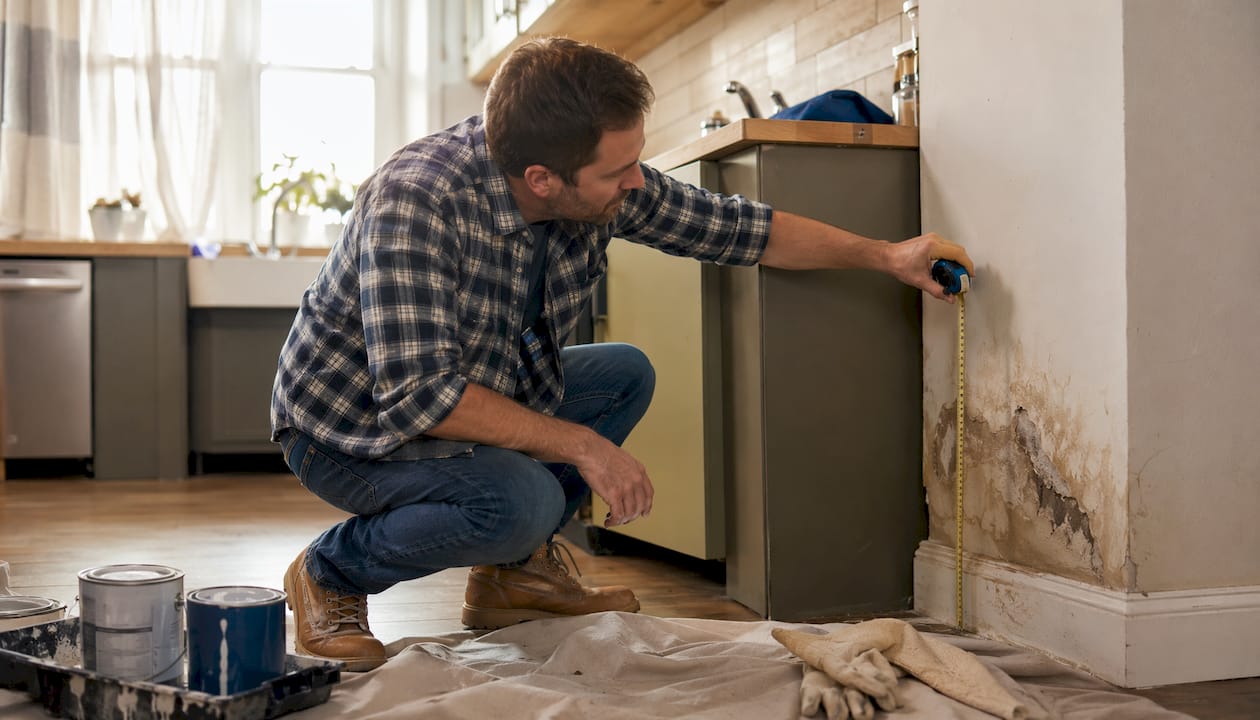 Man inspecting water damage in living room