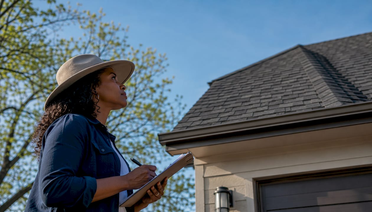Woman inspecting hip roof for mitigation upgrades