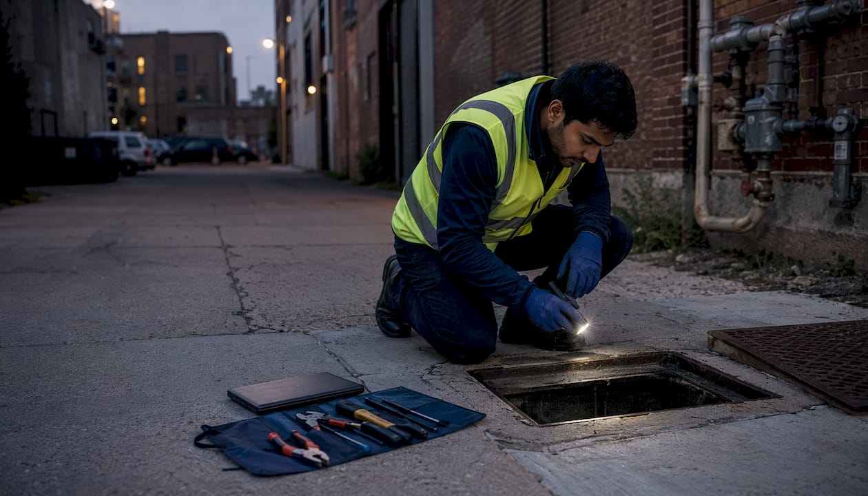 Technician inspecting underground utility line outdoors