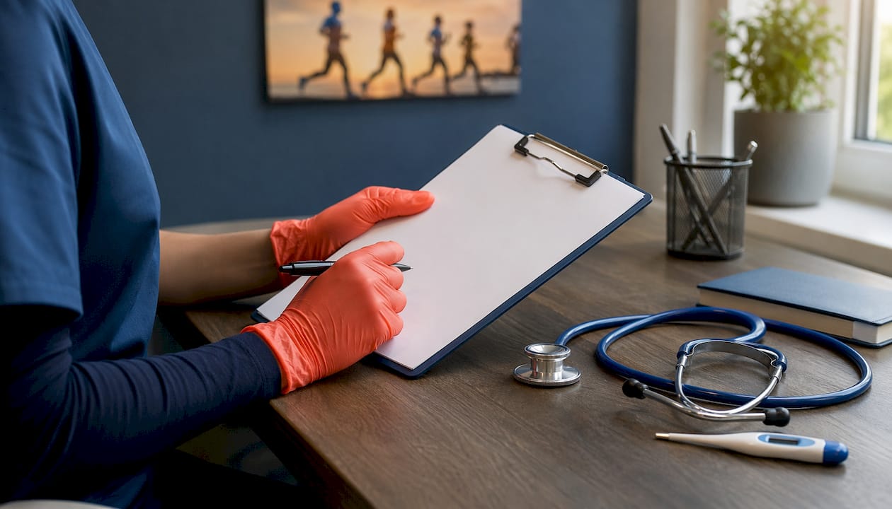 Healthcare professional preparing medical treatment paperwork