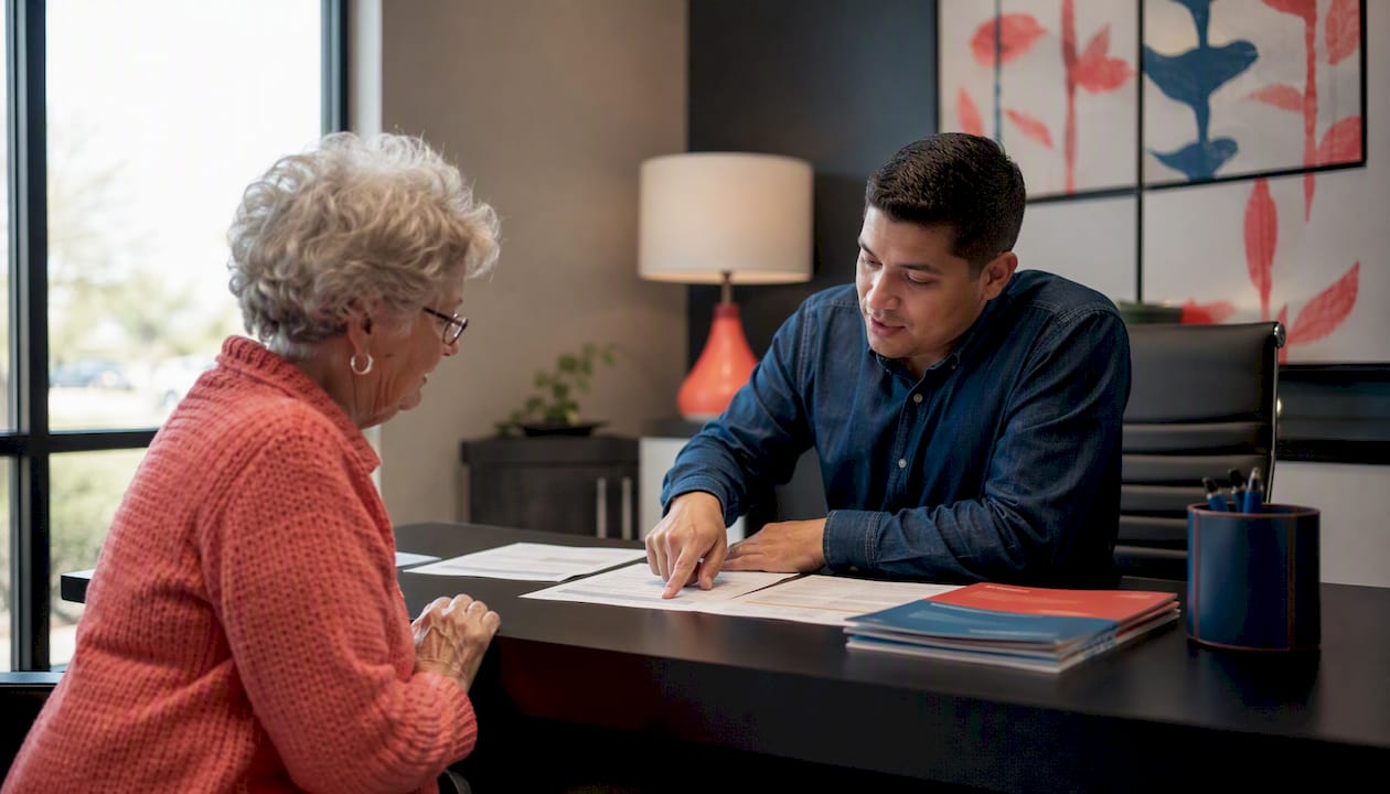 Agent assisting client with insurance paperwork