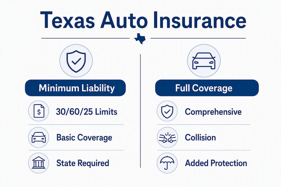 Infographic comparing Texas minimum liability and full coverage auto insurance