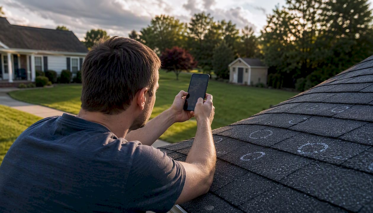 Homeowner photographing hail-damaged roof shingles