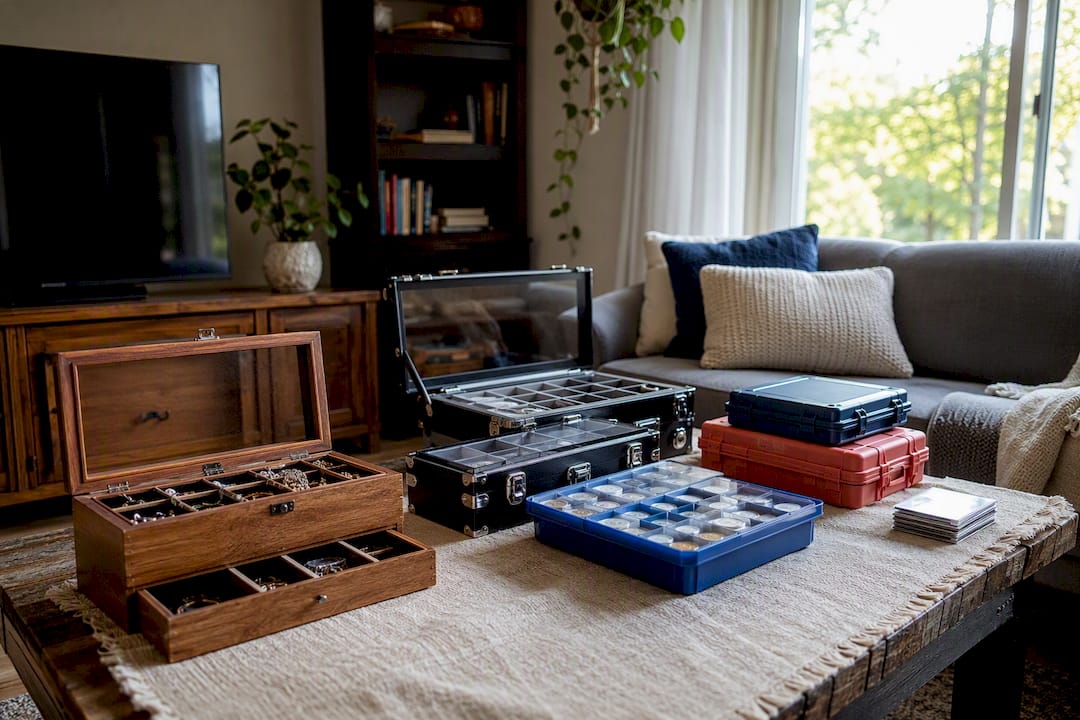 Wooden jewelry box, black display cases, and blue and red coin and card storage boxes on a living room coffee table Wooden jewelry box, black display cases, and blue and red coin and card storage boxes on a living room coffee table