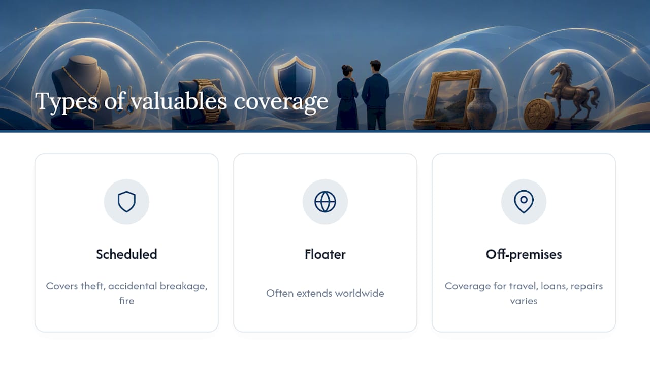 Types of valuables coverage diagram showing scheduled, floater, and off-premises coverage cards
