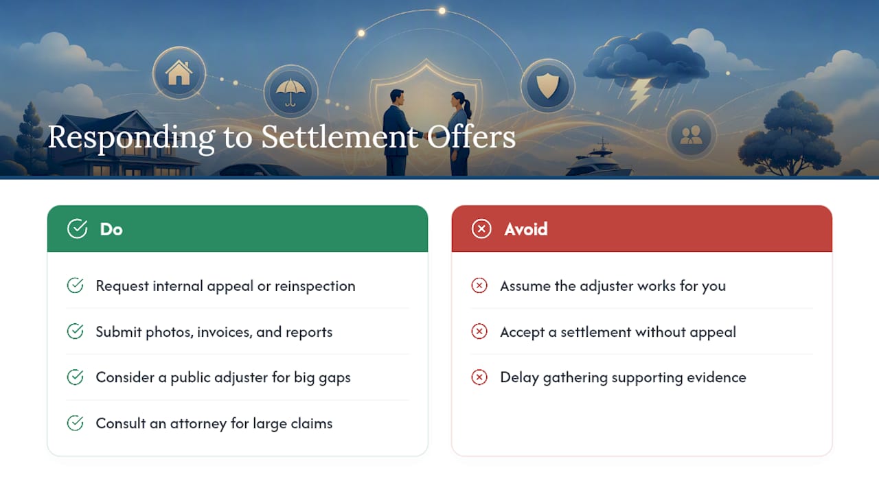 Responding to Settlement Offers chart: do request an appeal or reinspection, submit evidence, and consider a public adjuster or attorney; avoid assuming the adjuster works for you