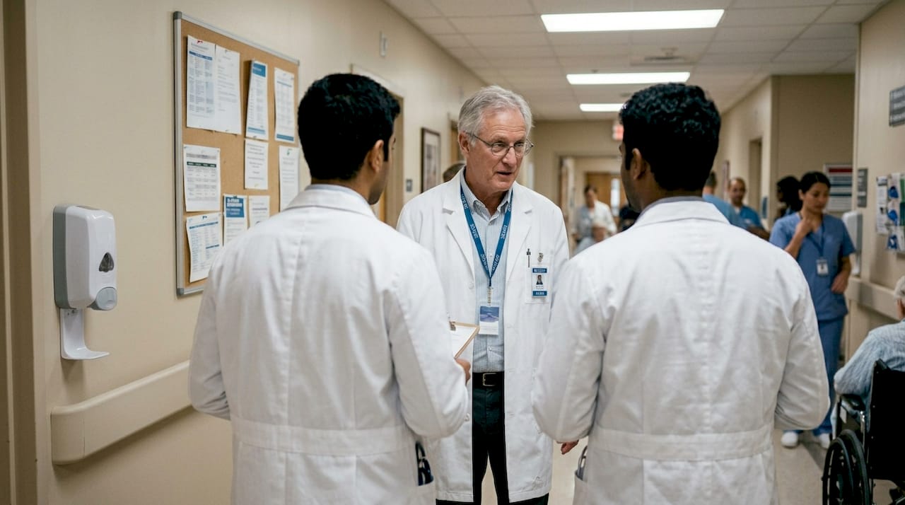 Students with doctor in hospital rounds Europe