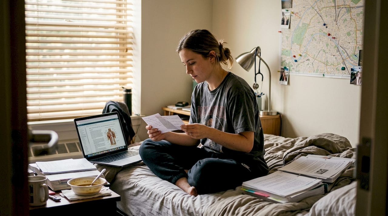 Medical student studying in cozy dorm room