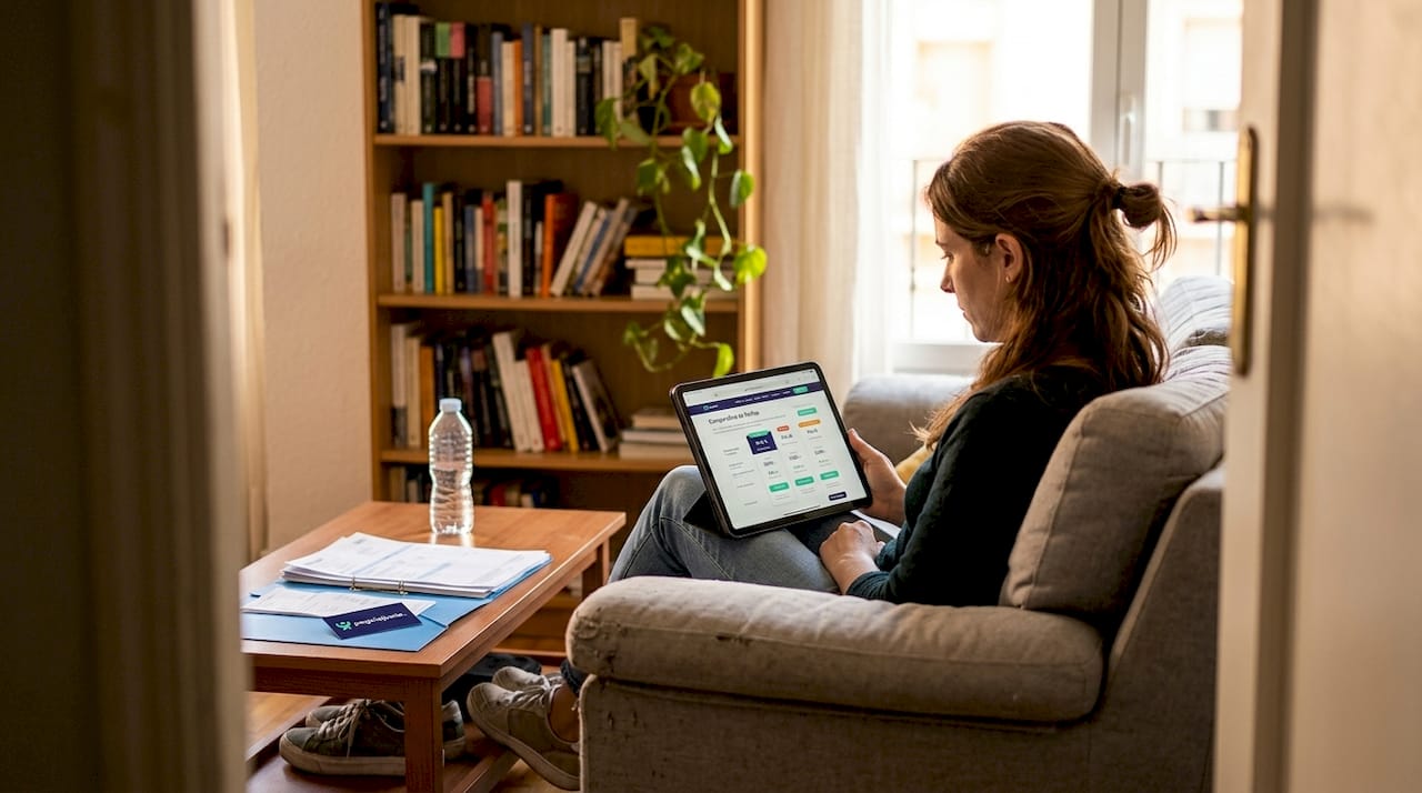 Una mujer revisa y compara diferentes planes de internet desde la comodidad de su sala de estar.