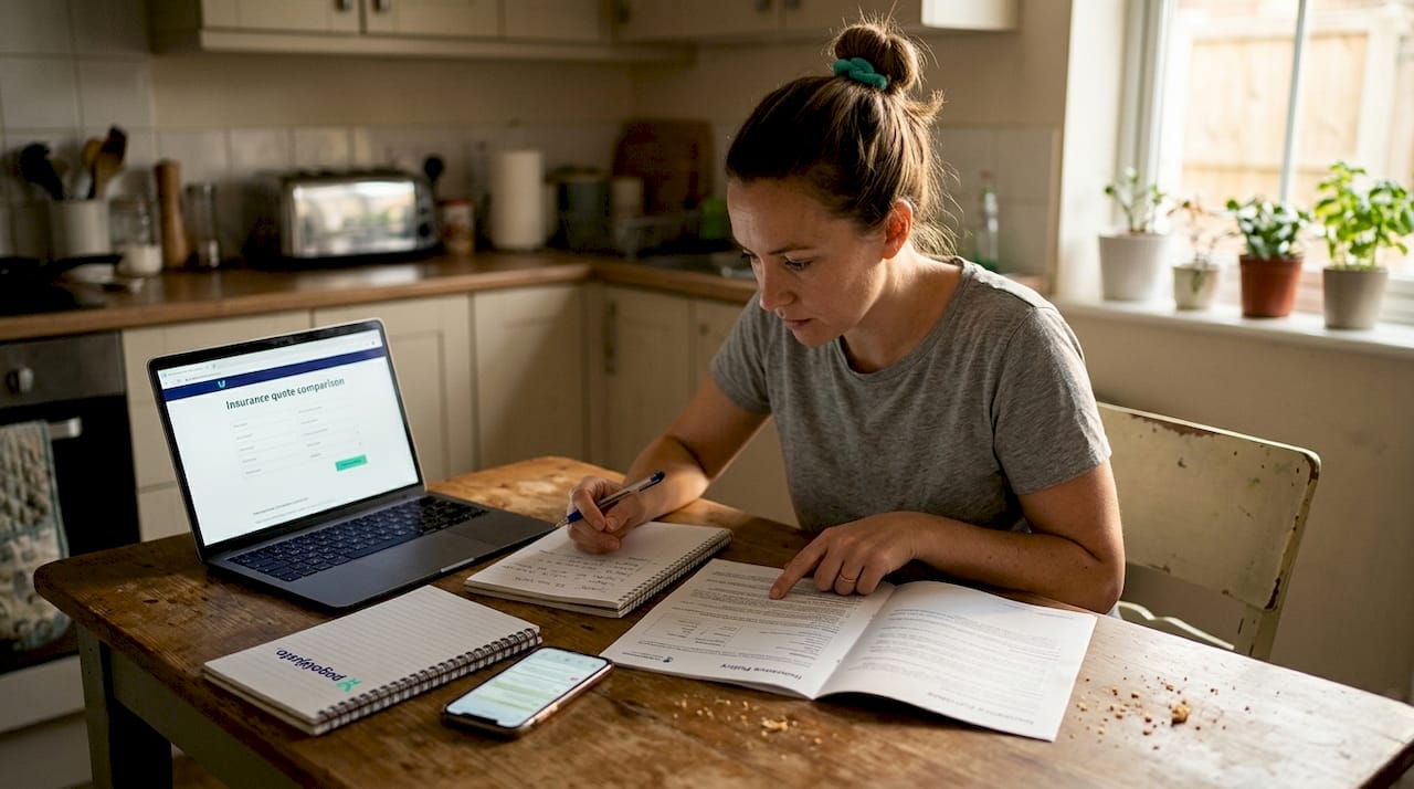 Mujer revisando y comparando diferentes opciones de seguros mientras está en la cocina