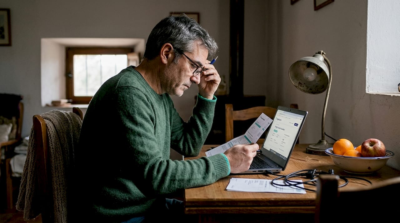 Un hombre sentado en el salón revisa atentamente el recibo de la luz.