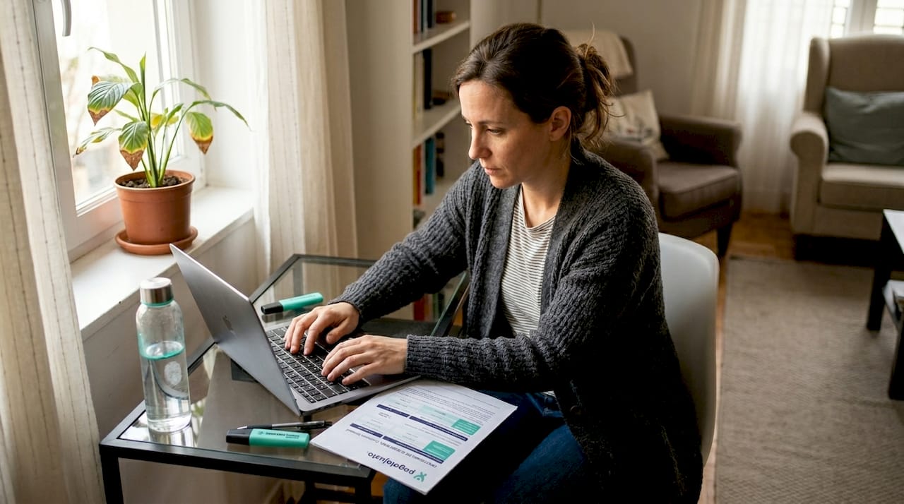Mujer informándose sobre seguros de decesos desde su portátil en casa