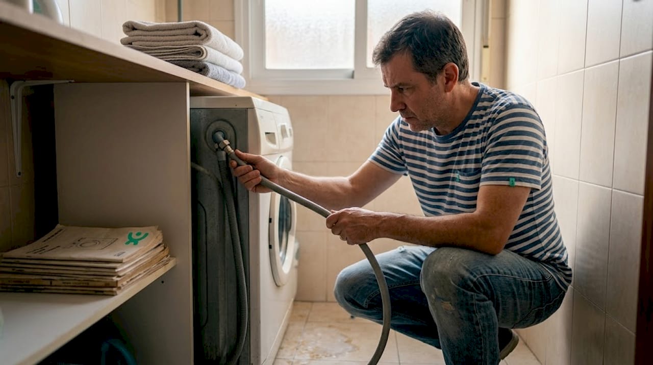 Hombre revisando un electrodoméstico para comprobar si está cubierto por la garantía del hogar