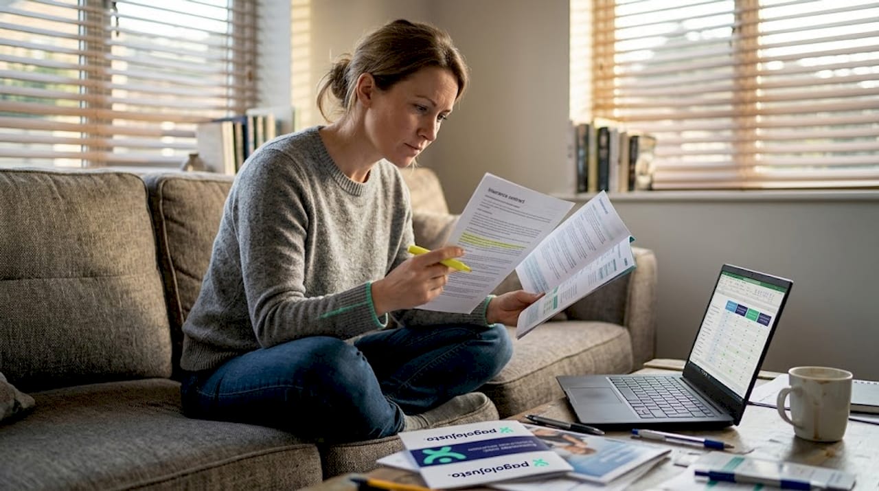 Mujer sentada en el sofá revisando y comparando dos pólizas de seguro