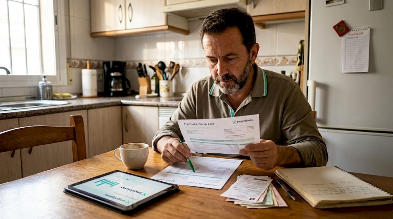 Hombre revisando detenidamente la factura de la luz en la cocina
